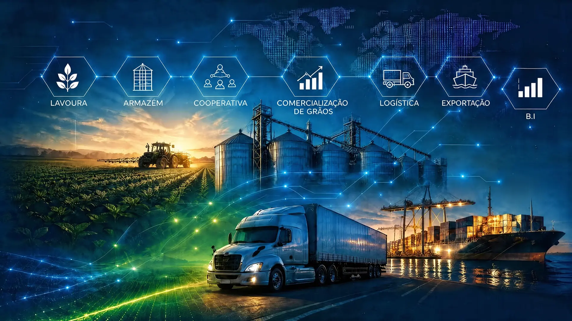Lavoura, armazém, caminhões e navio conectados na cadeia do agronegócio