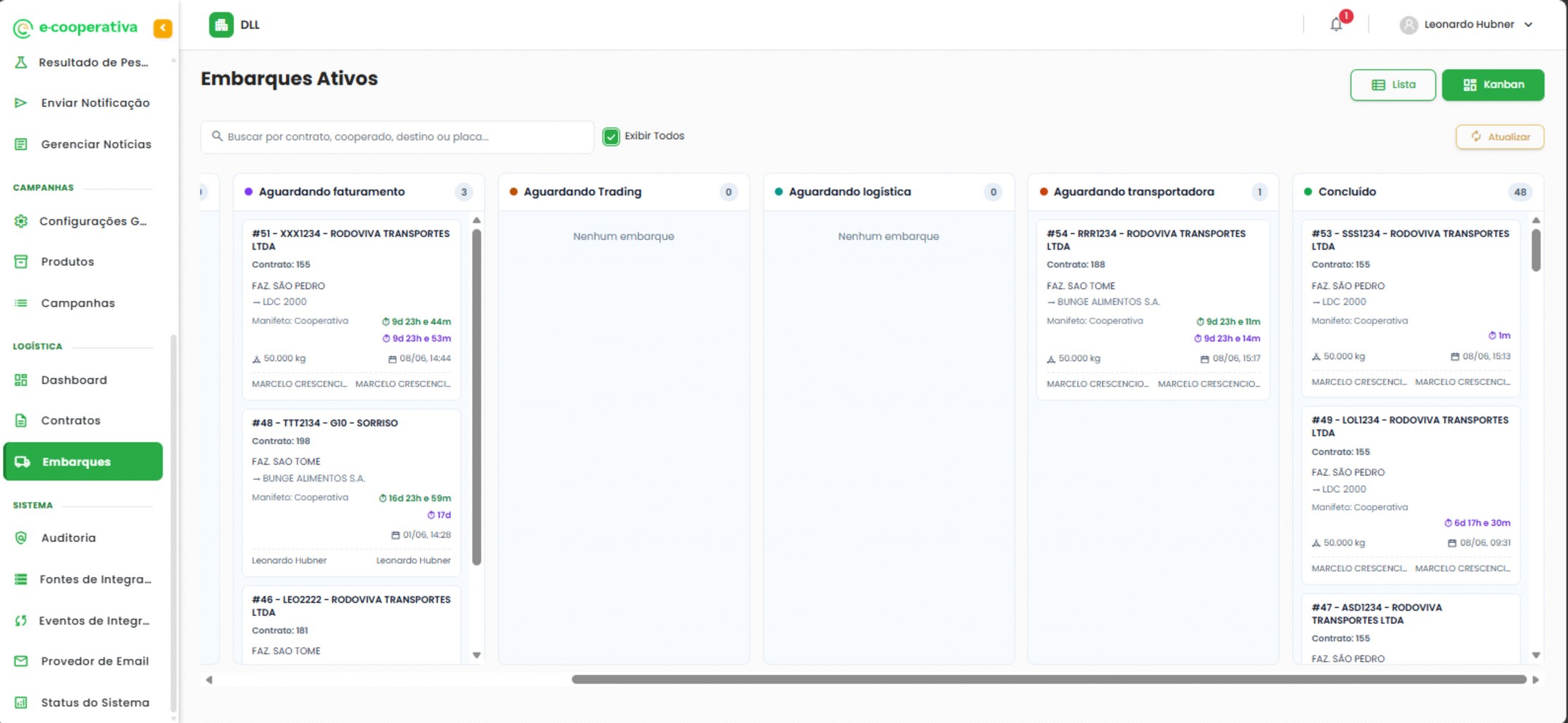 Tela de Embarques Ativos com visualização em Kanban