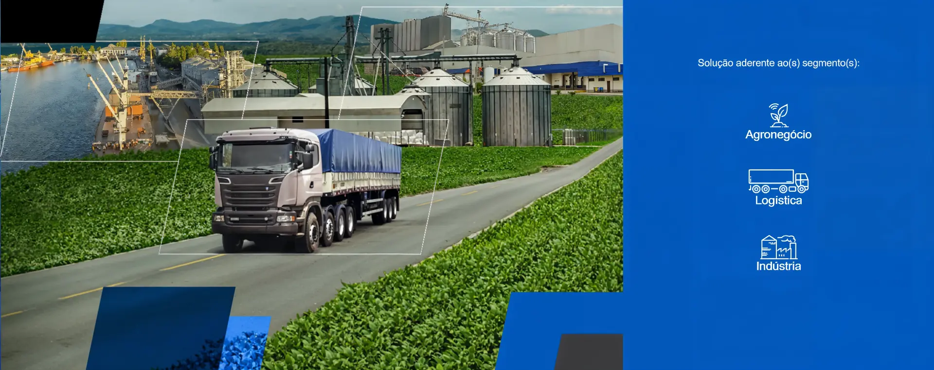 Cadeia do agronegócio: lavoura, armazém, transporte rodoviário e porto